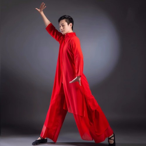 Men's folk dance wear chinese hanfu kungfu wushu competition costumes swordsman tai chi dance long gown for man